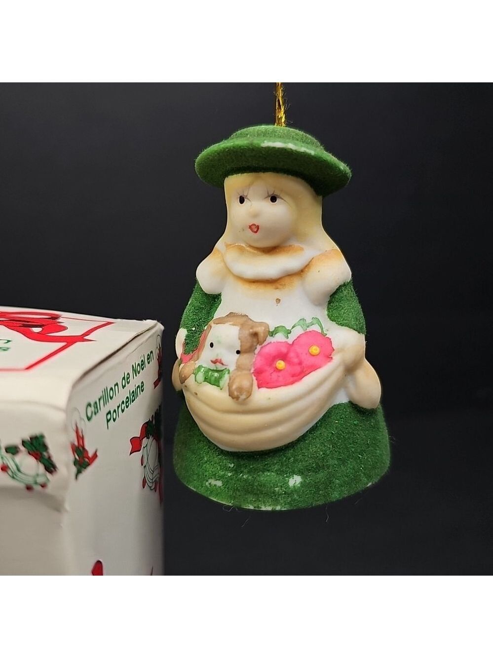 Jasco Lil Chimers Girl with Cat & Flowers Ornament - 3.25" - Bell, Green Felted